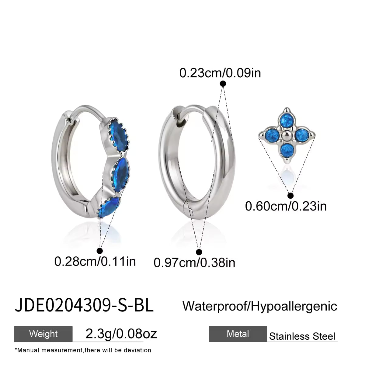 Cecily three piece silver earring set with plain hoop, blue marquise huggie and blue flower stud, size and dimensions