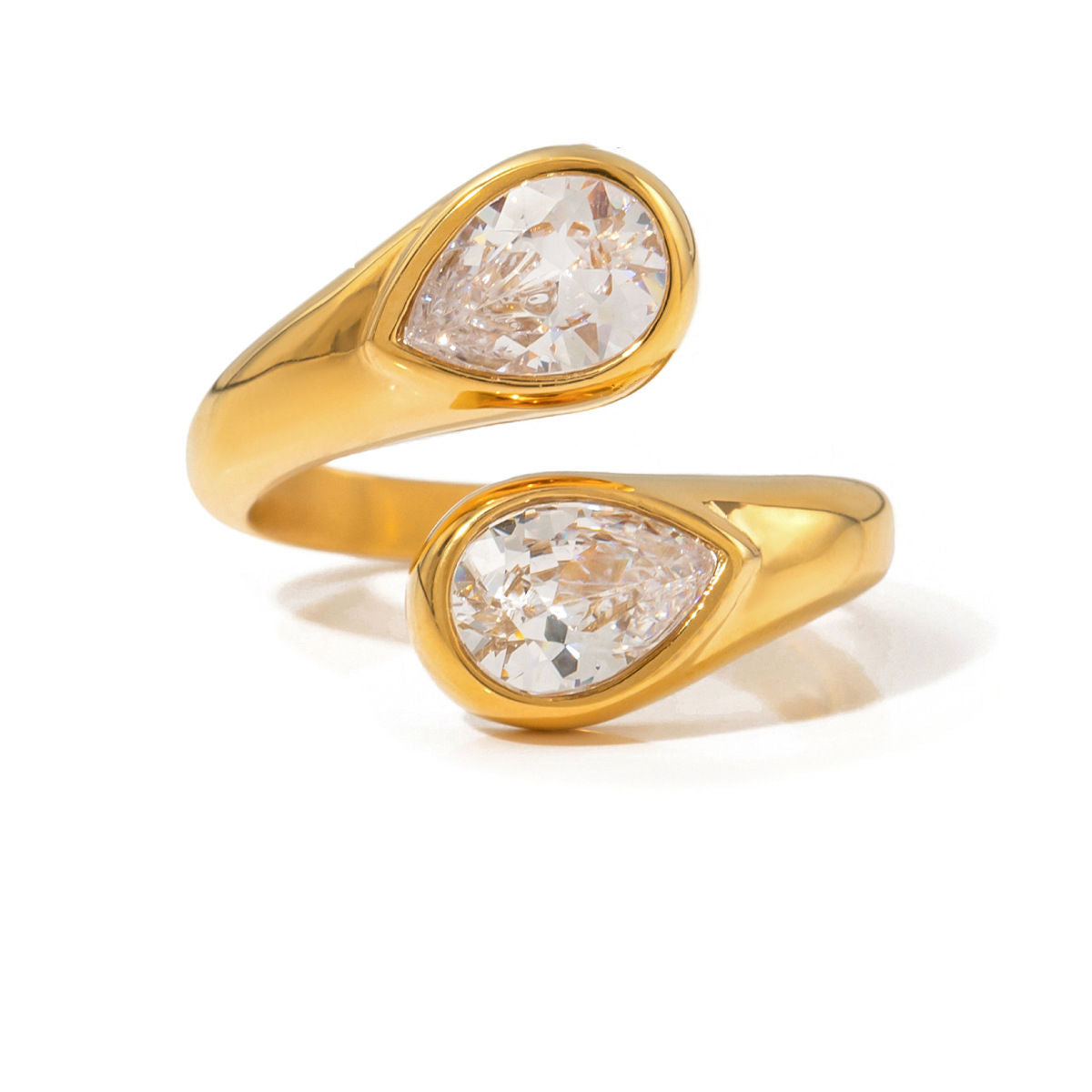 Noemi gold bypass ring with two pear cut stones