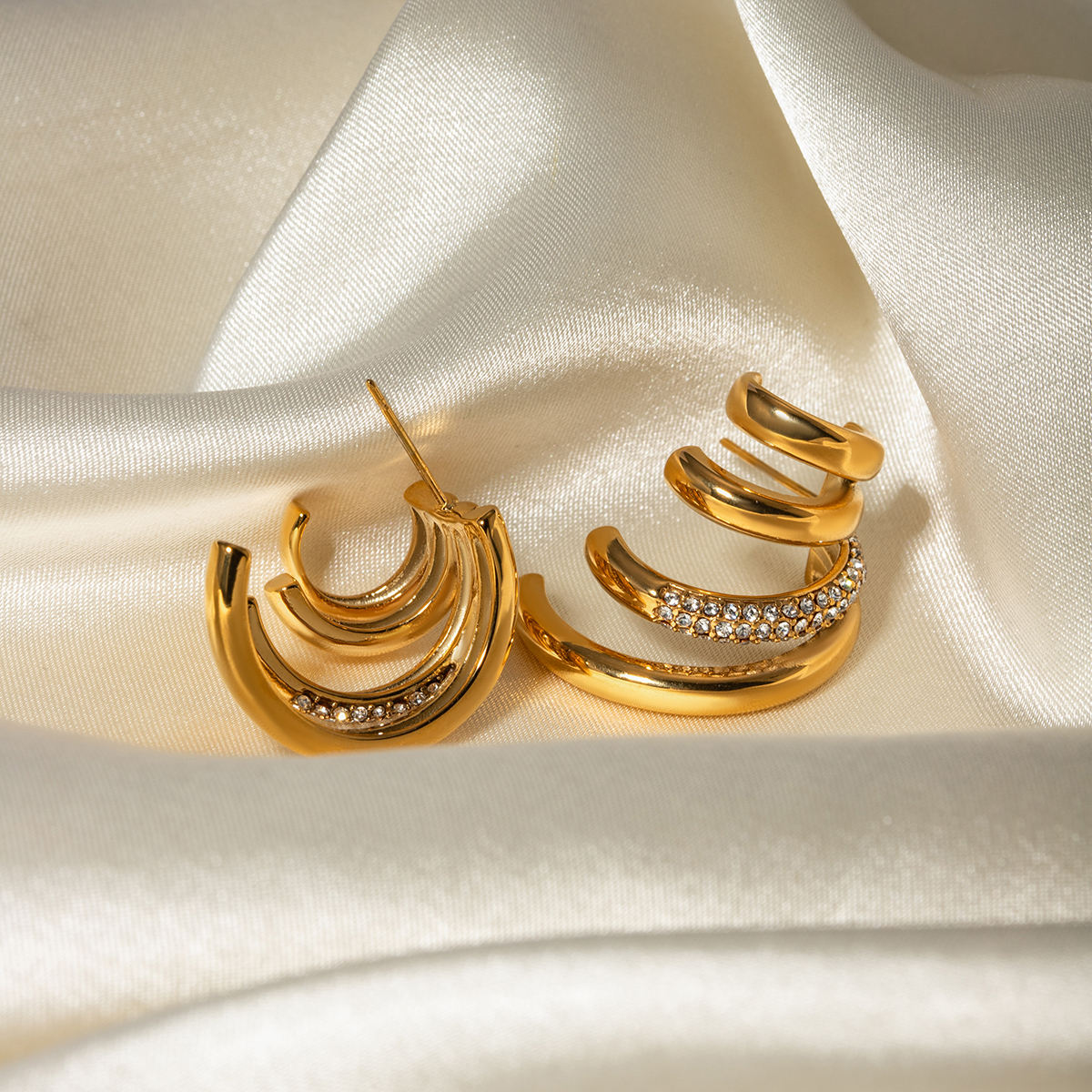 Tallulah gold triple claw hoop earrings with pave crystal band, view 4