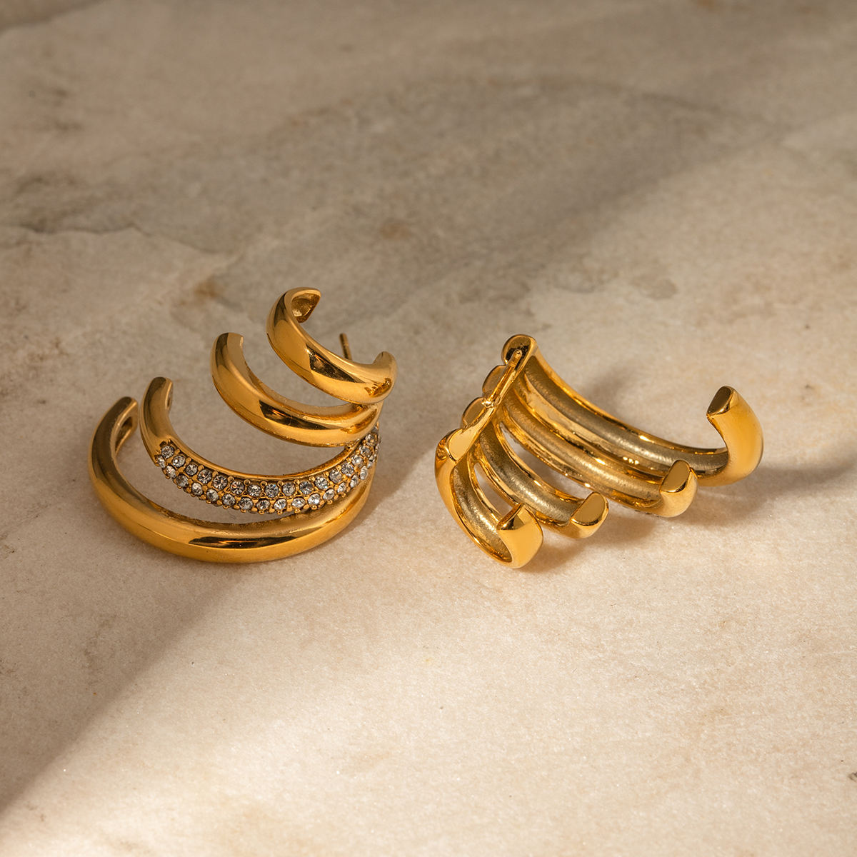 Tallulah gold triple claw hoop earrings with pave crystal band, view 3
