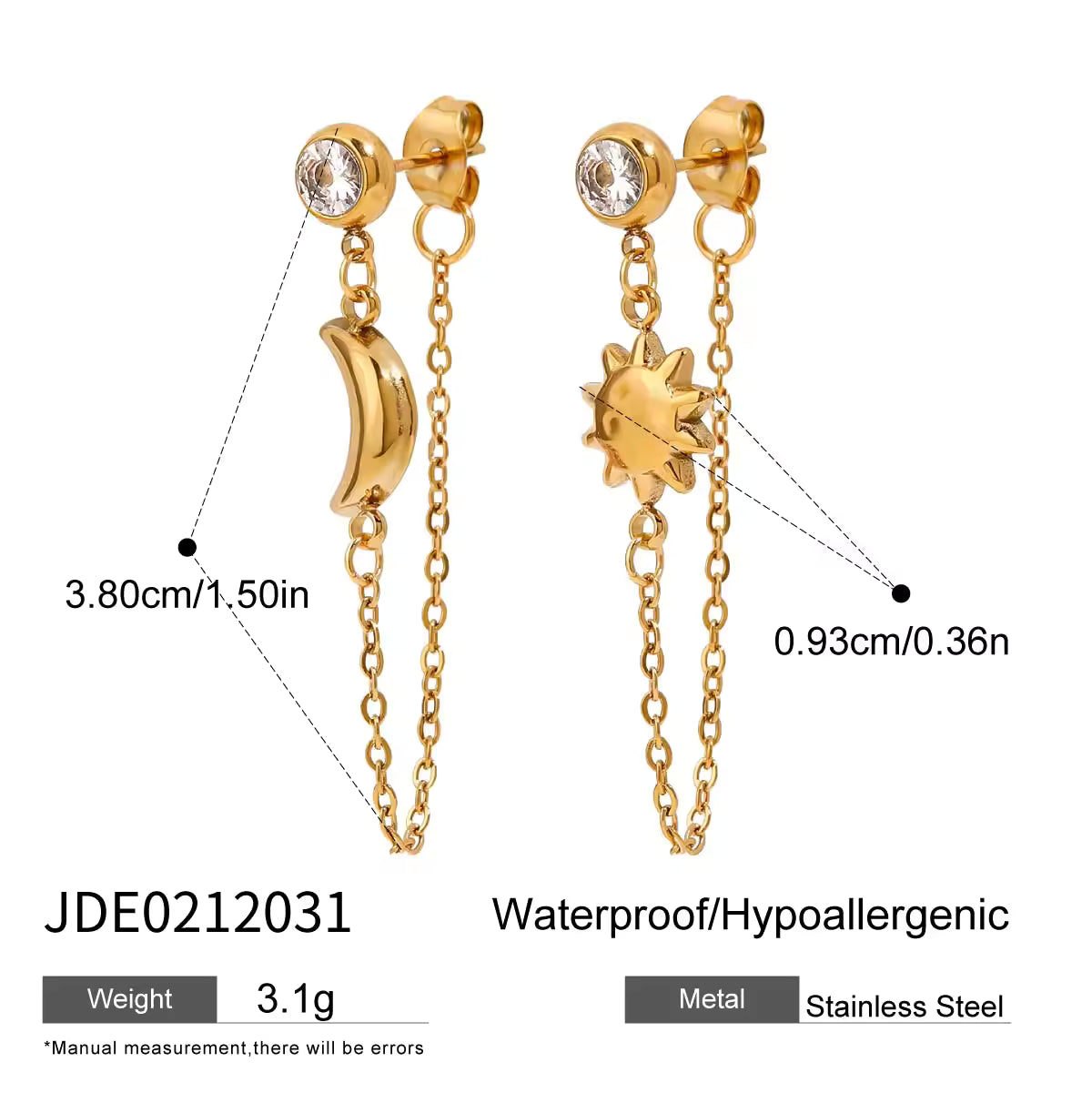 Lorna gold crystal stud earrings with moon and sun chain drops, size and dimensions