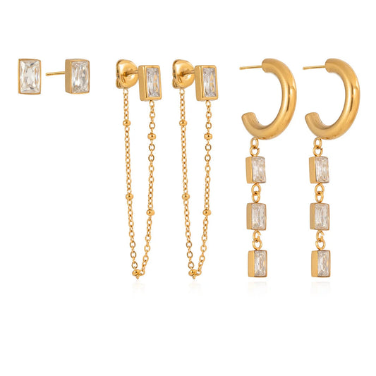 Jacqueline gold earring set with baguette crystal studs, chain threaders and baguette drop hoops