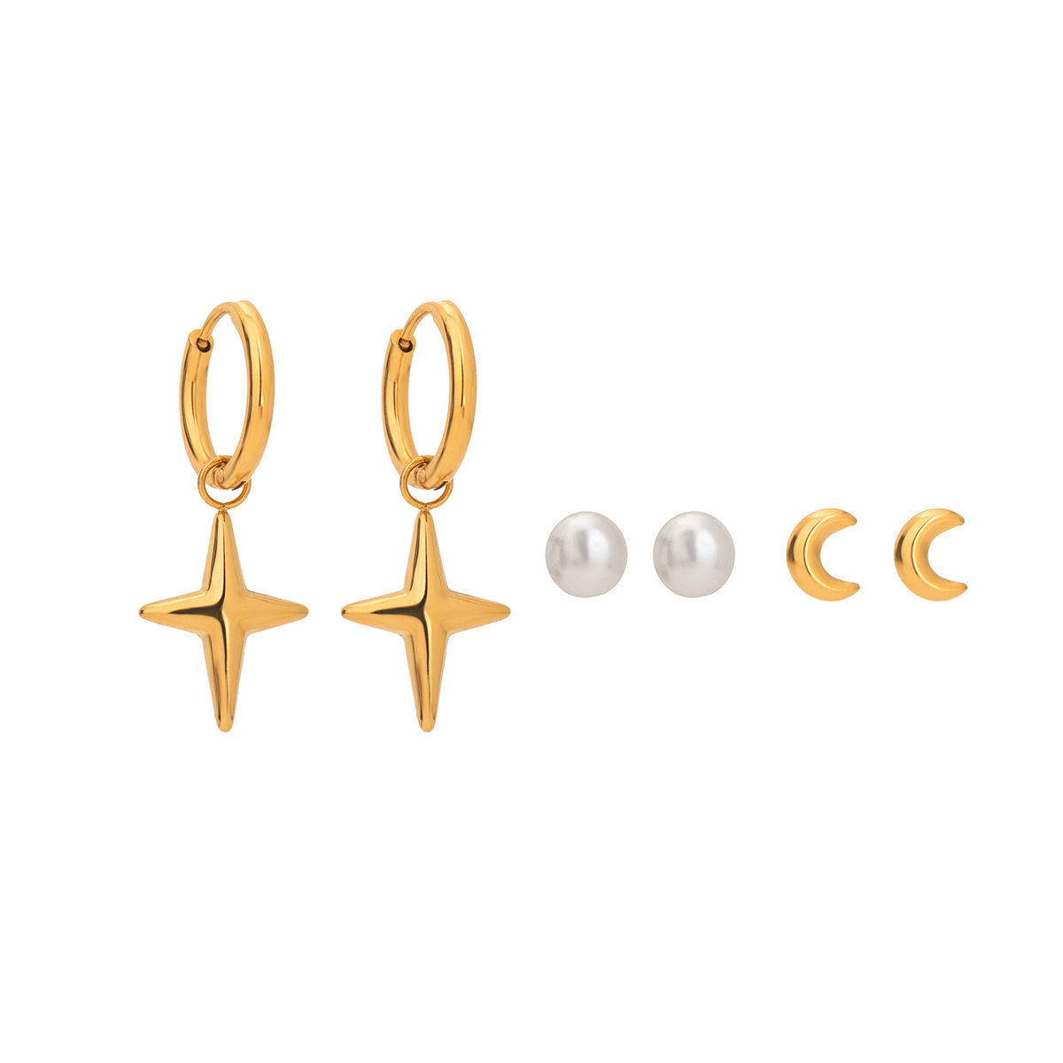 Maribel gold earring set with star charm hoops, pearl studs and moon studs