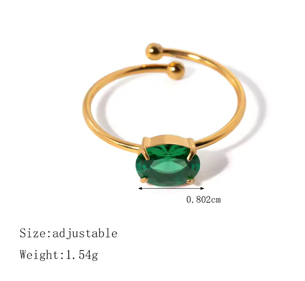 Cassie slim gold open ring with a green oval stone, view 3