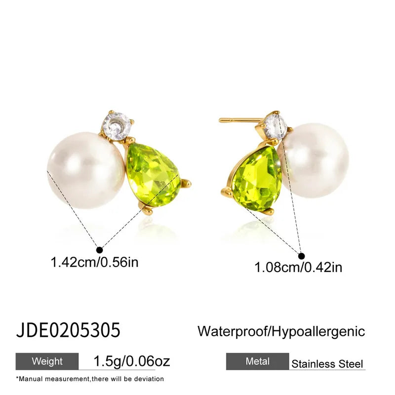 Margot gold stud earrings with a green pear stone, pearl and crystal, size and dimensions