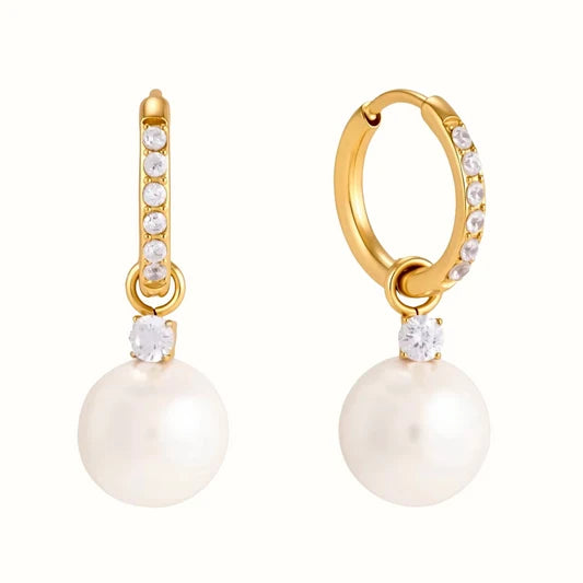 Adeline gold pave huggie hoop earrings with pearl drop, view 4