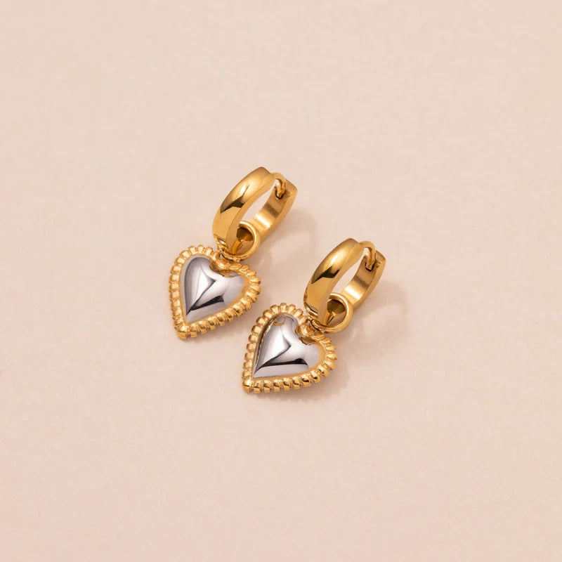 Hallie gold huggie earrings with two tone puffed heart charm, view 2