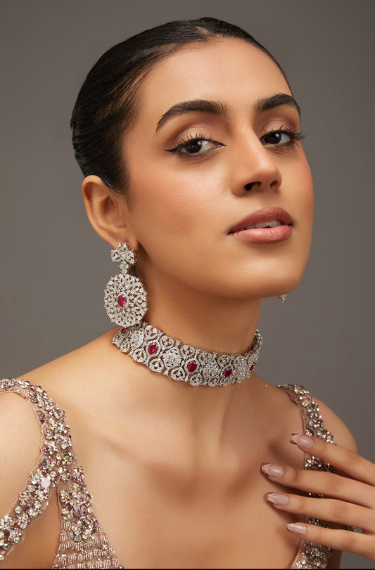 Invicta Diamond Choker Set with Earrings (Red)