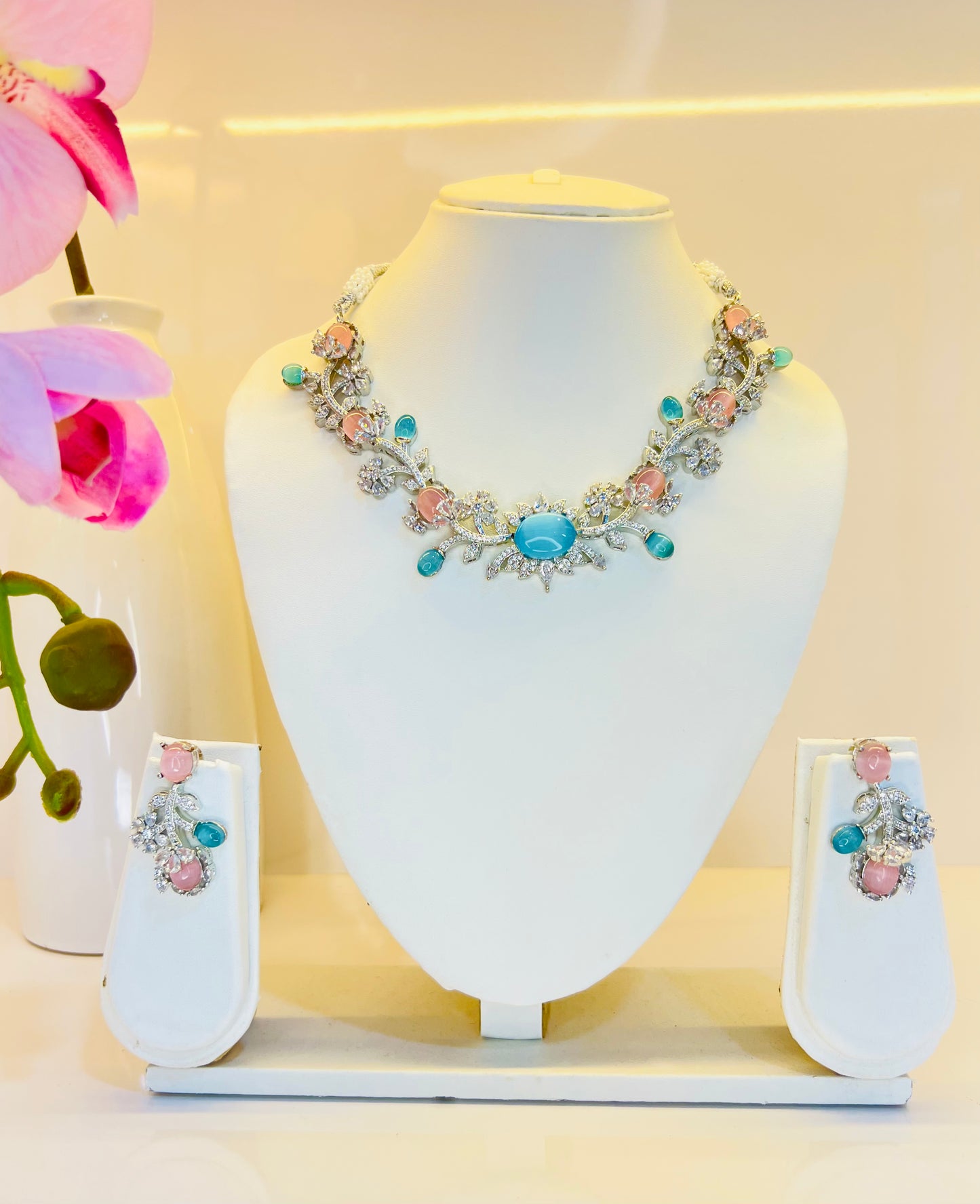 Damsel Diamond Necklace Set (Blue & Pink)