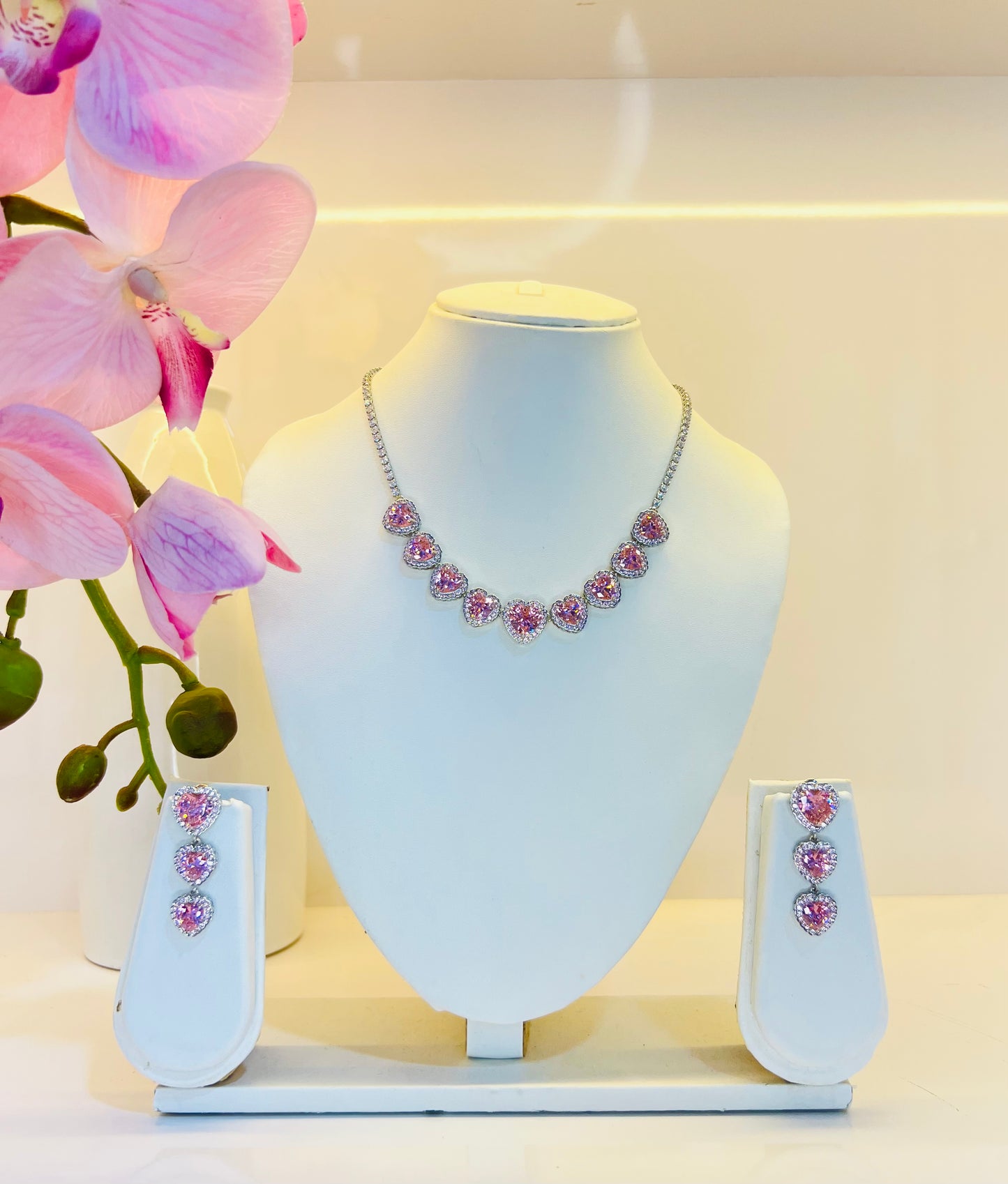 Love Diamond Necklace Set with Earrings (Pink)