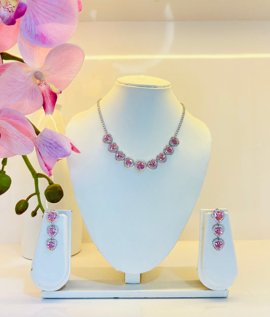Love Diamond Necklace Set with Earrings (Pink)