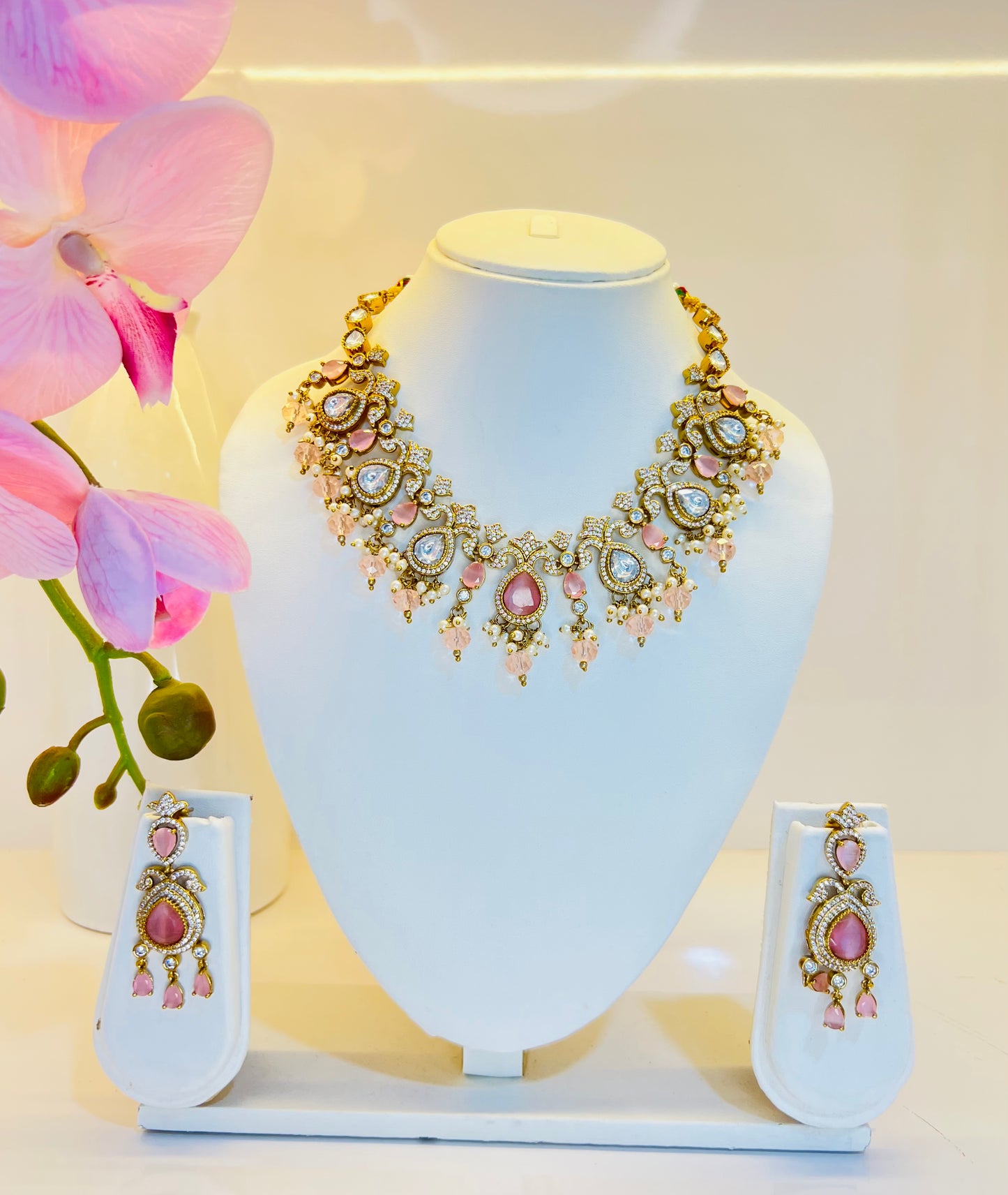 Abundance Polki Necklace Set (Pink)