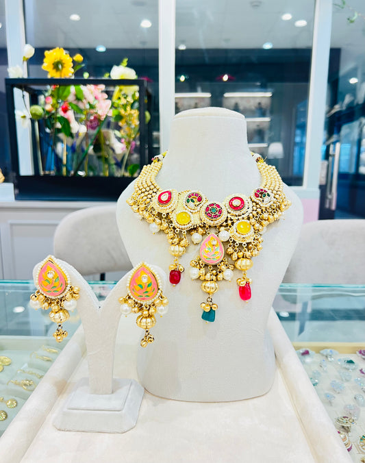 Kamya Kashmiri Choker with Jhumkaa (Red & Green)