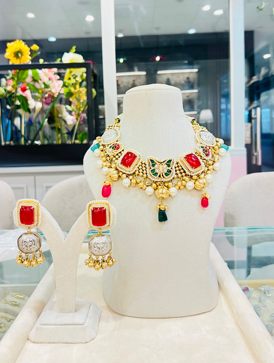 Urmi Kashmiri Choker with Jhumkaa (Pink, Red, Green & Yellow)