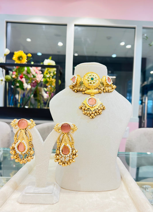 Ishani Kashmiri Choker with Jhumkaa (Peach & Green)