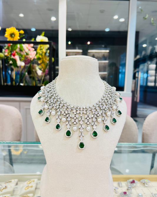 Radiance Diamond Necklace with Pearl Drops (Green)