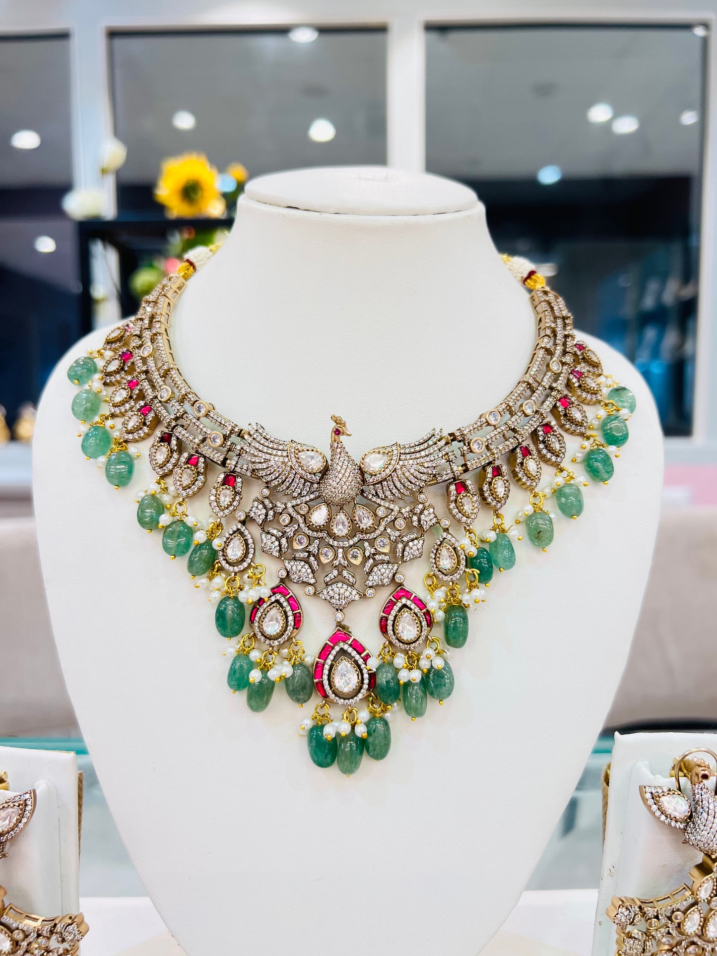 Amrapali Peacock Polki Necklace with Earrings (Mint & Pink)