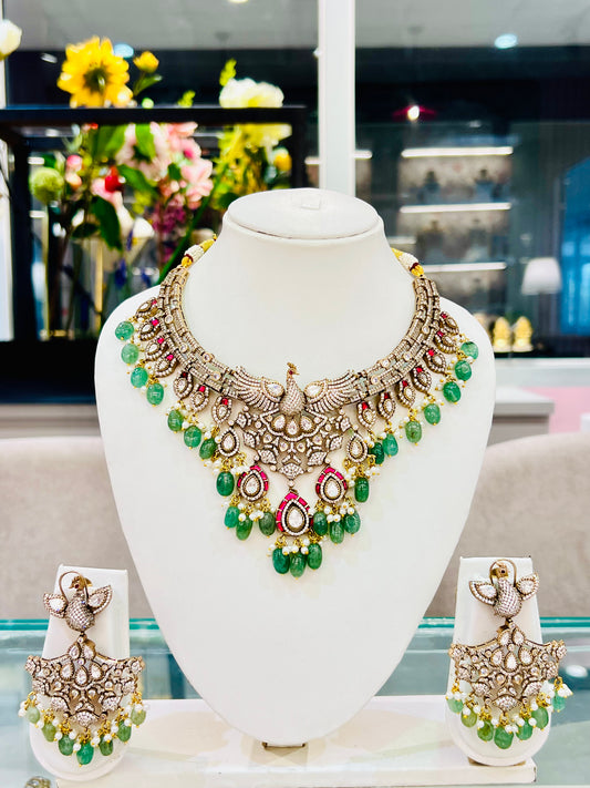 Amrapali Peacock Polki Necklace with Earrings (Mint & Pink)