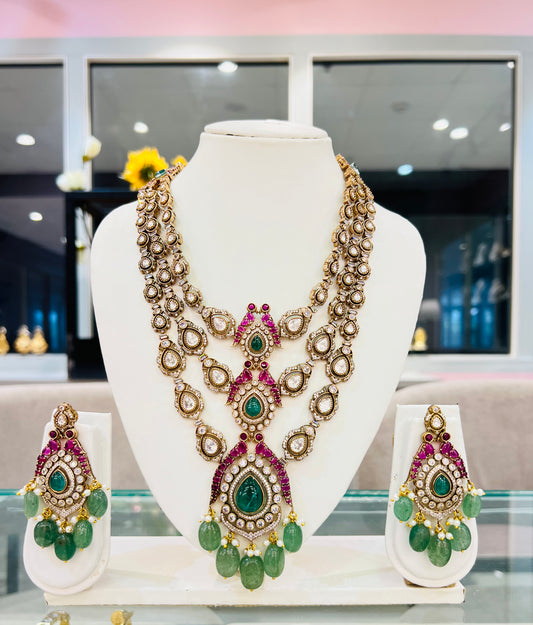 Rajeshwari Polki Necklace with Earrings (Mint & Pink)