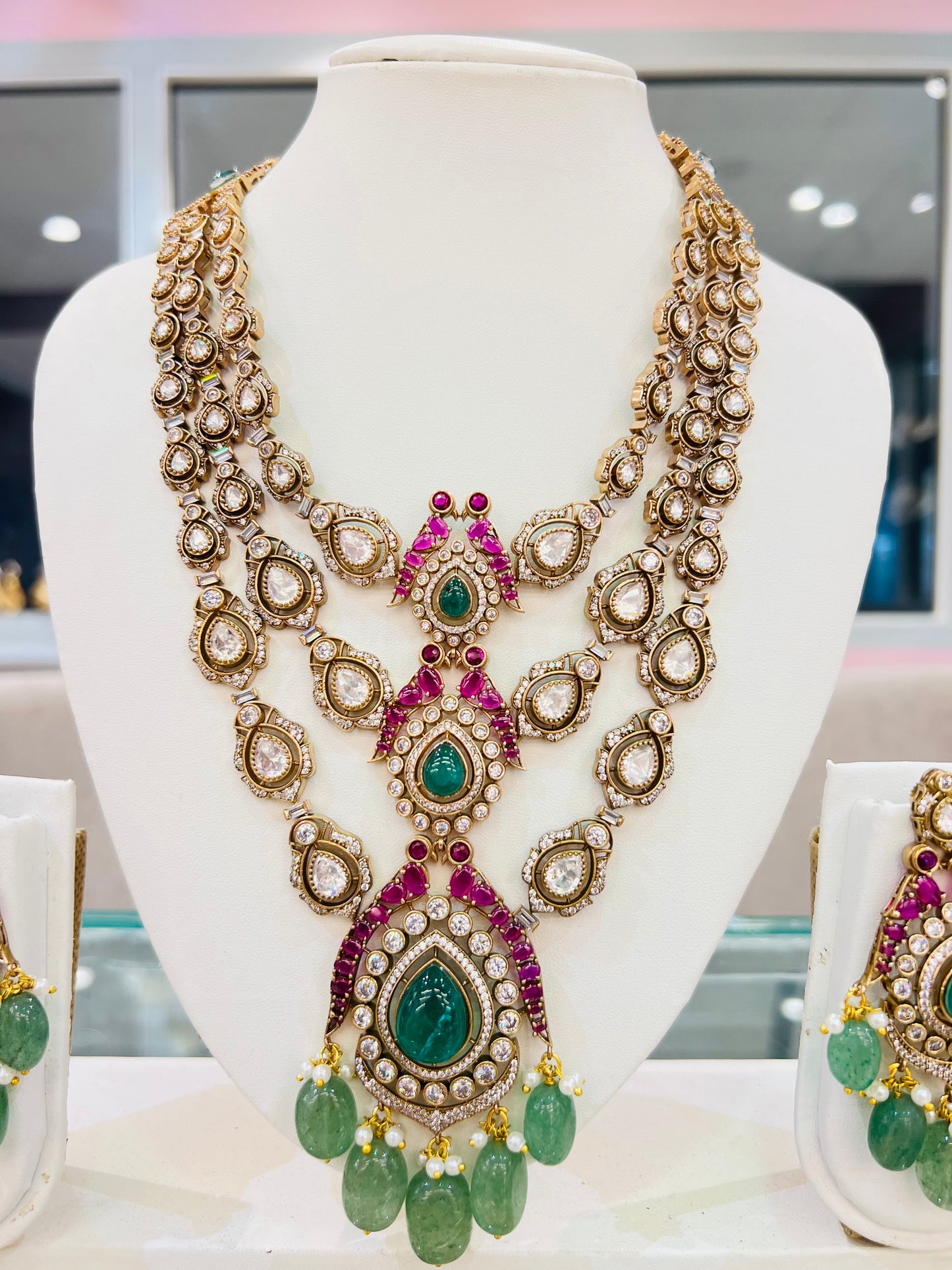Rajeshwari Polki Necklace with Earrings (Mint & Pink)