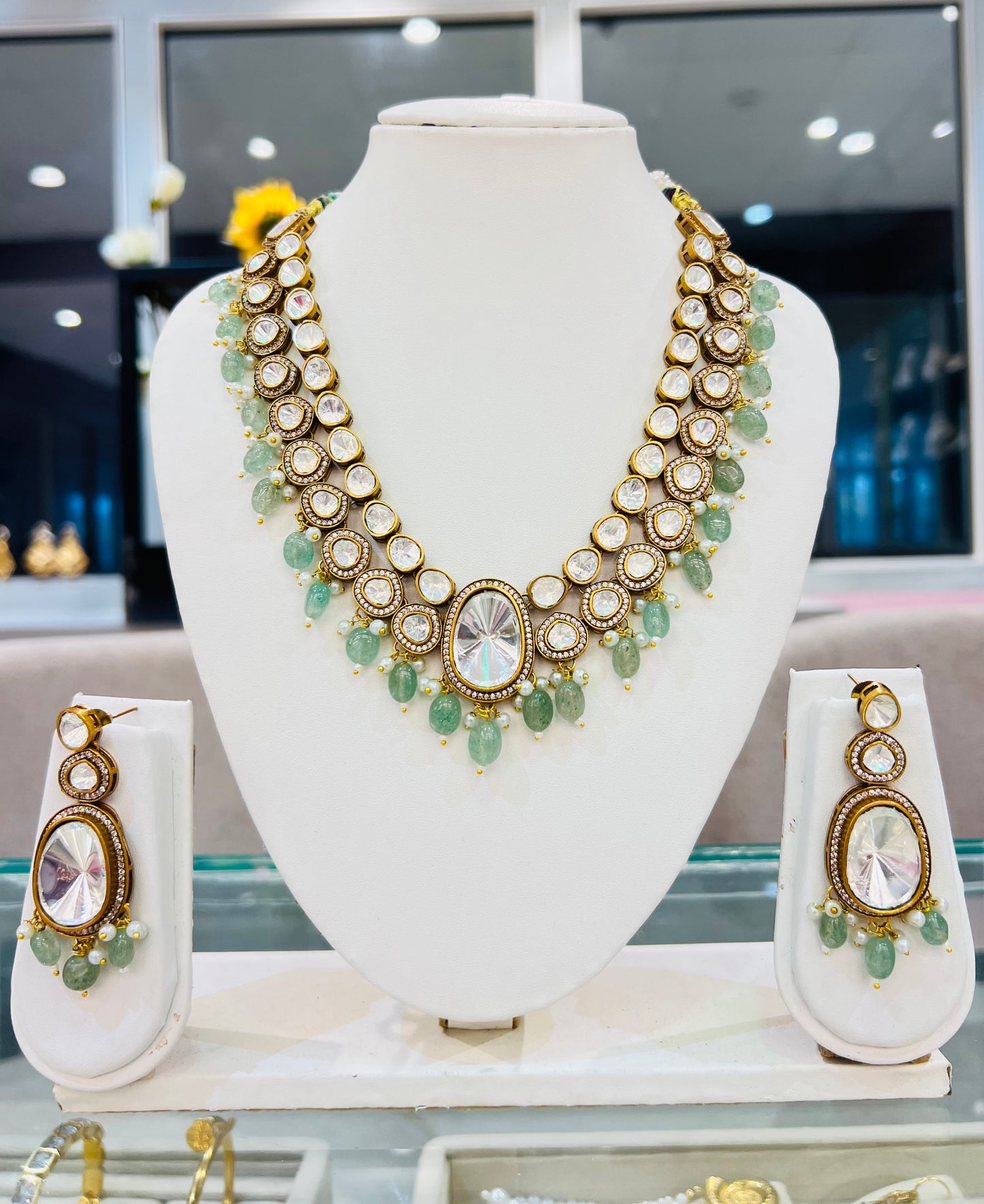 Meghmala Polki necklace with Earrings (Mint)