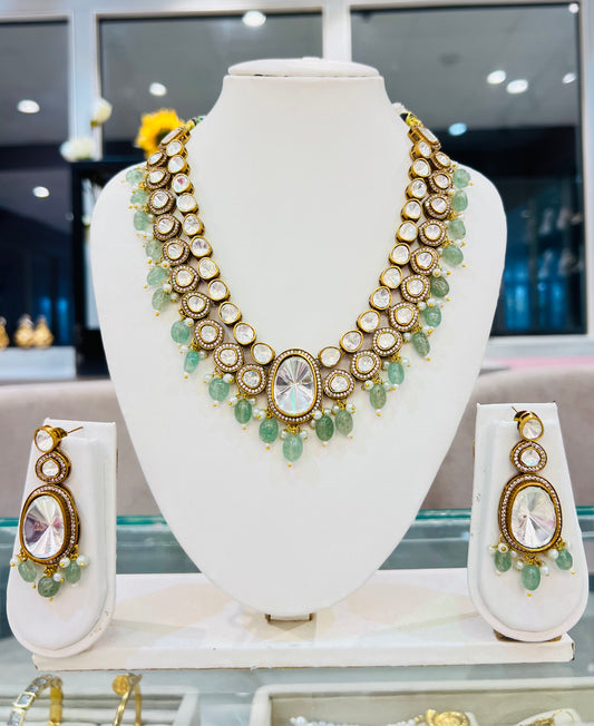 Meghmala Polki necklace with Earrings (Mint)
