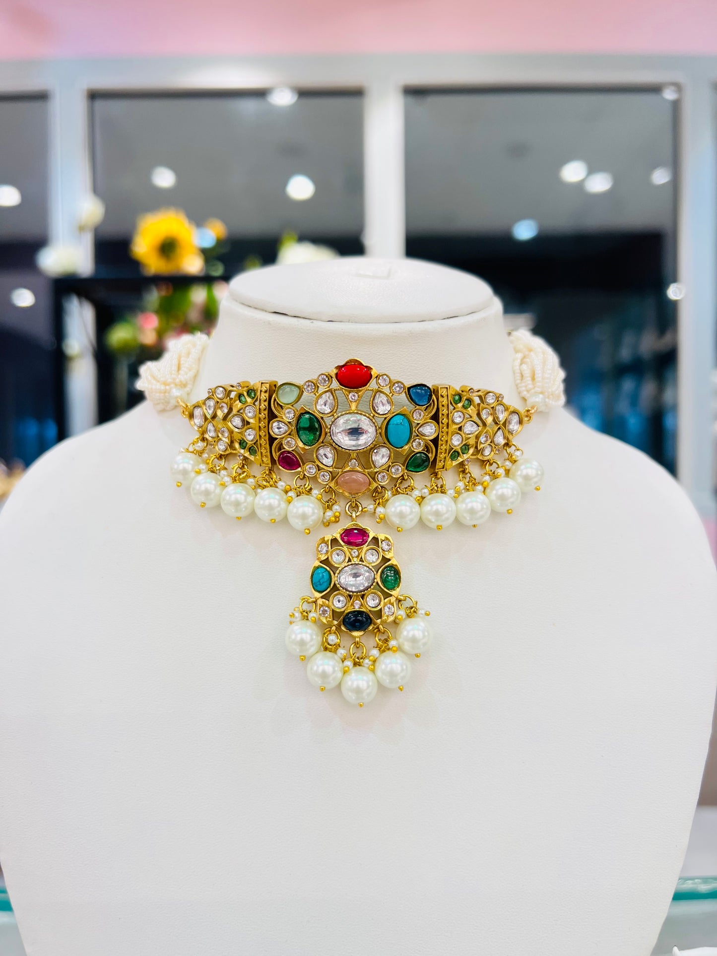 Navratna Choker Necklace with Earrings