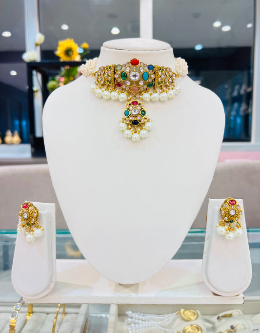 Navratna Choker Necklace with Earrings