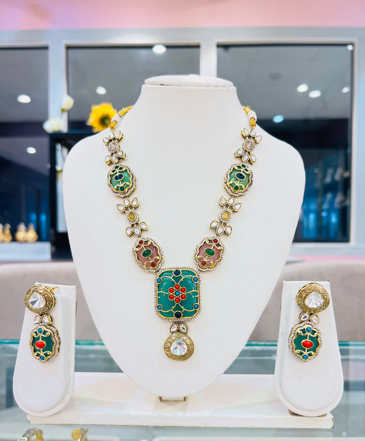 Barkha Polki Kundan Necklace with Earrings (Multicolour)