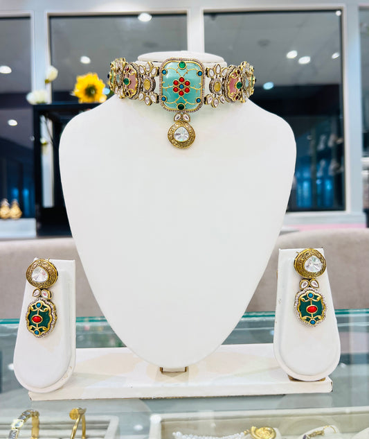 Megha Polki Kundan Choker set with Earrings (Multicolour)