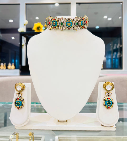 Rudrapriya Polki Kundan Choker set with Earrings (Multicolour)