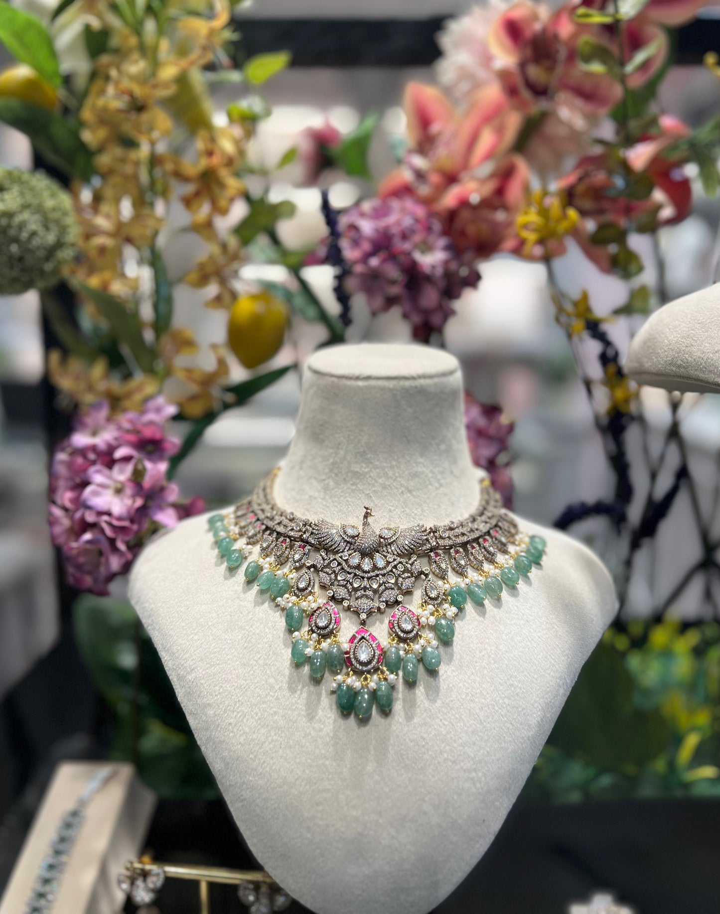 Amrapali Peacock Polki Necklace with Earrings (Mint & Pink)