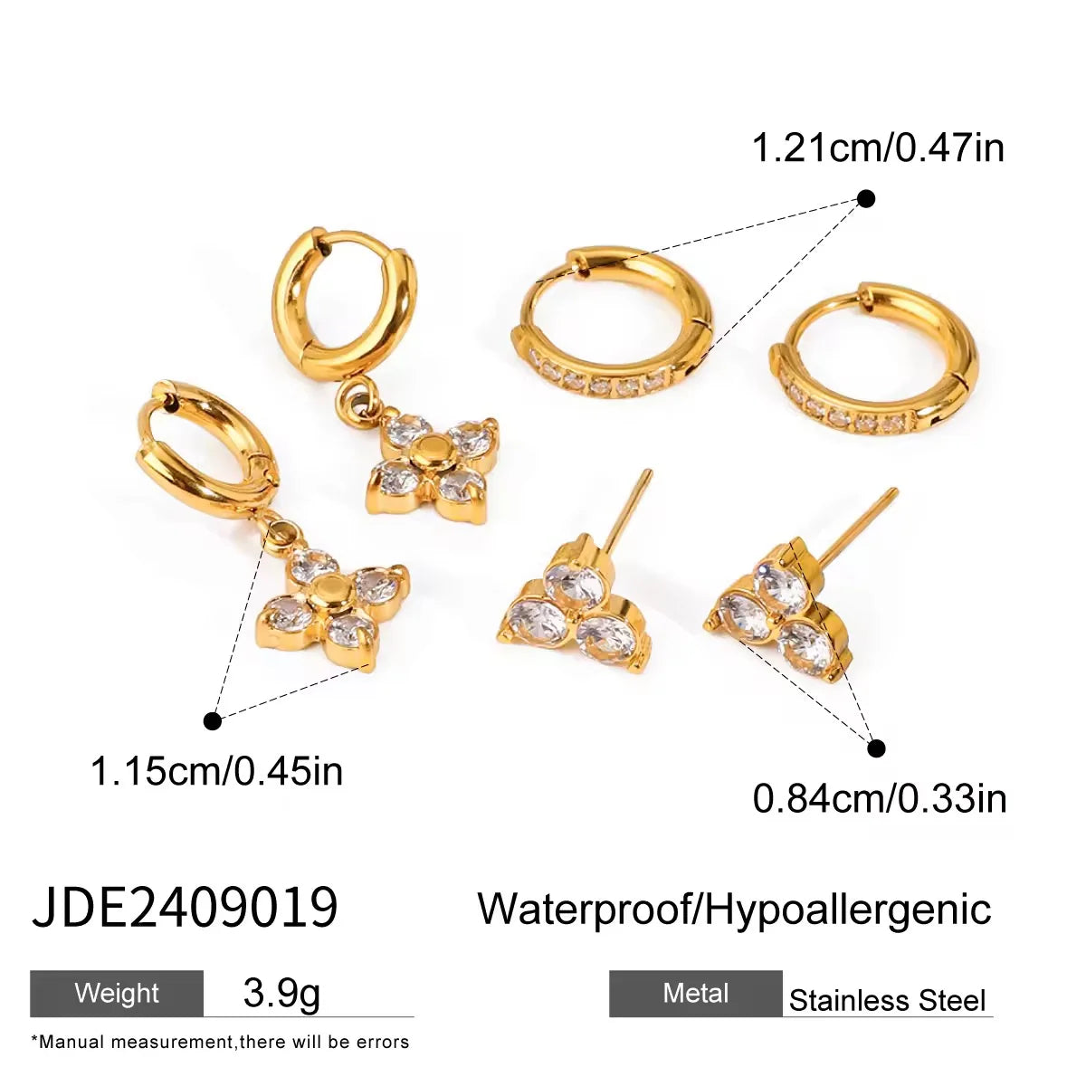 Antonia gold earring set with flower charm hoop, pave huggies and crystal studs, size and dimensions