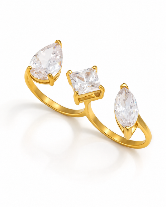 Trisha gold open ring with pear, square and marquise clear stones