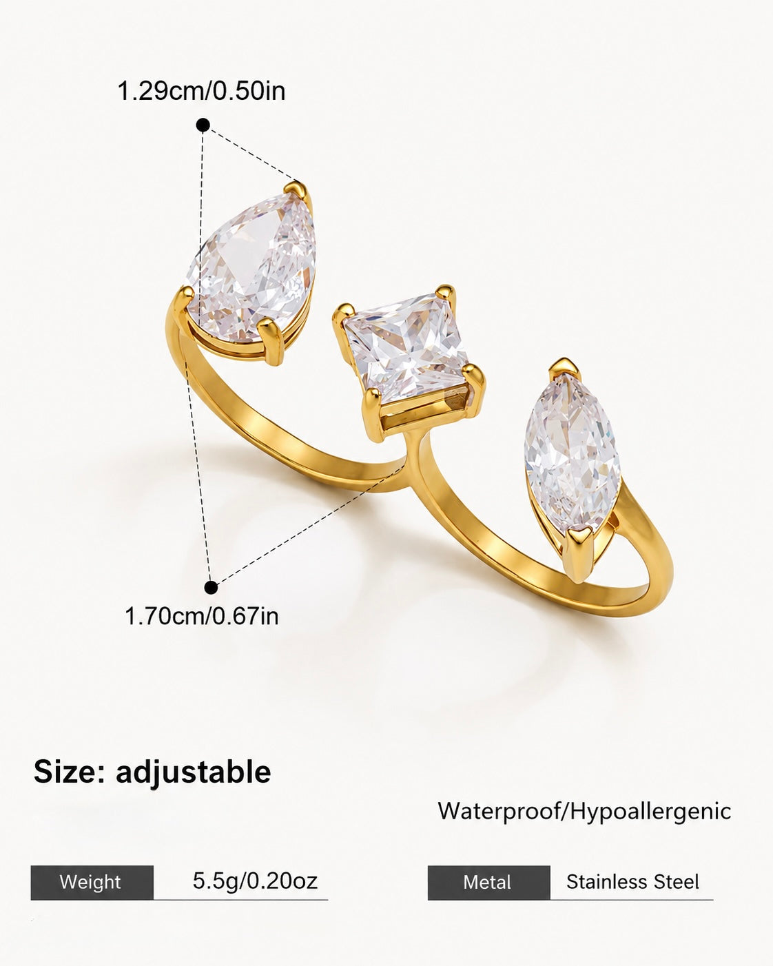 Trisha gold open ring with pear, square and marquise clear stones, view 2