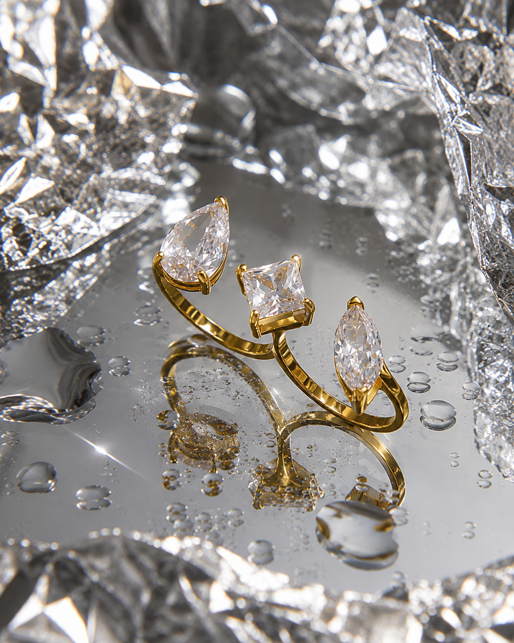 Trisha gold open ring with pear, square and marquise clear stones, view 4