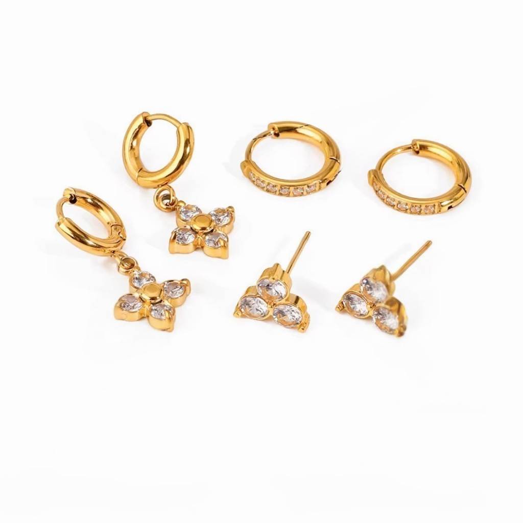 Antonia gold earring set with flower charm hoop, pave huggies and crystal studs, view 3