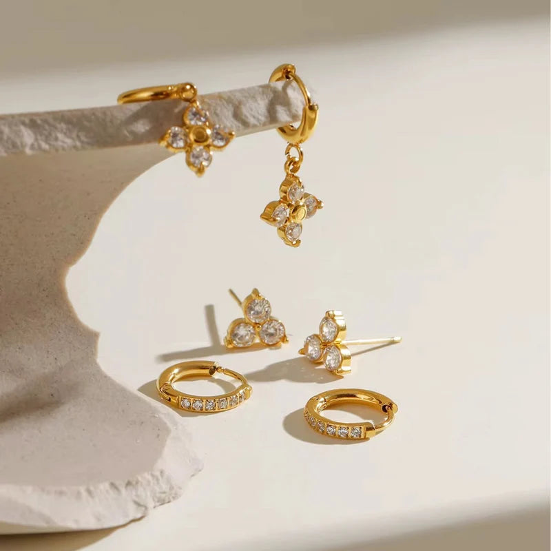 Antonia gold earring set with flower charm hoop, pave huggies and crystal studs, view 5
