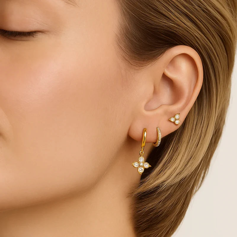 Antonia gold earring set with flower charm hoop, pave huggies and crystal studs, view 2
