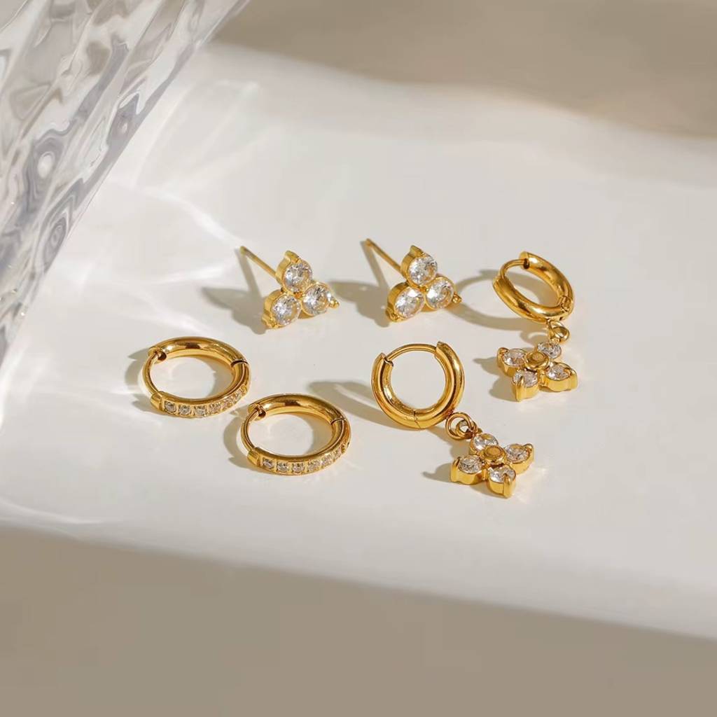 Antonia gold earring set with flower charm hoop, pave huggies and crystal studs, view 4