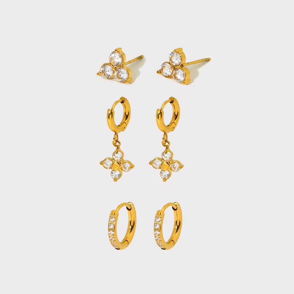 Antonia gold earring set with flower charm hoop, pave huggies and crystal studs