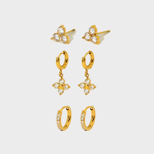 Antonia gold earring set with flower charm hoop, pave huggies and crystal studs