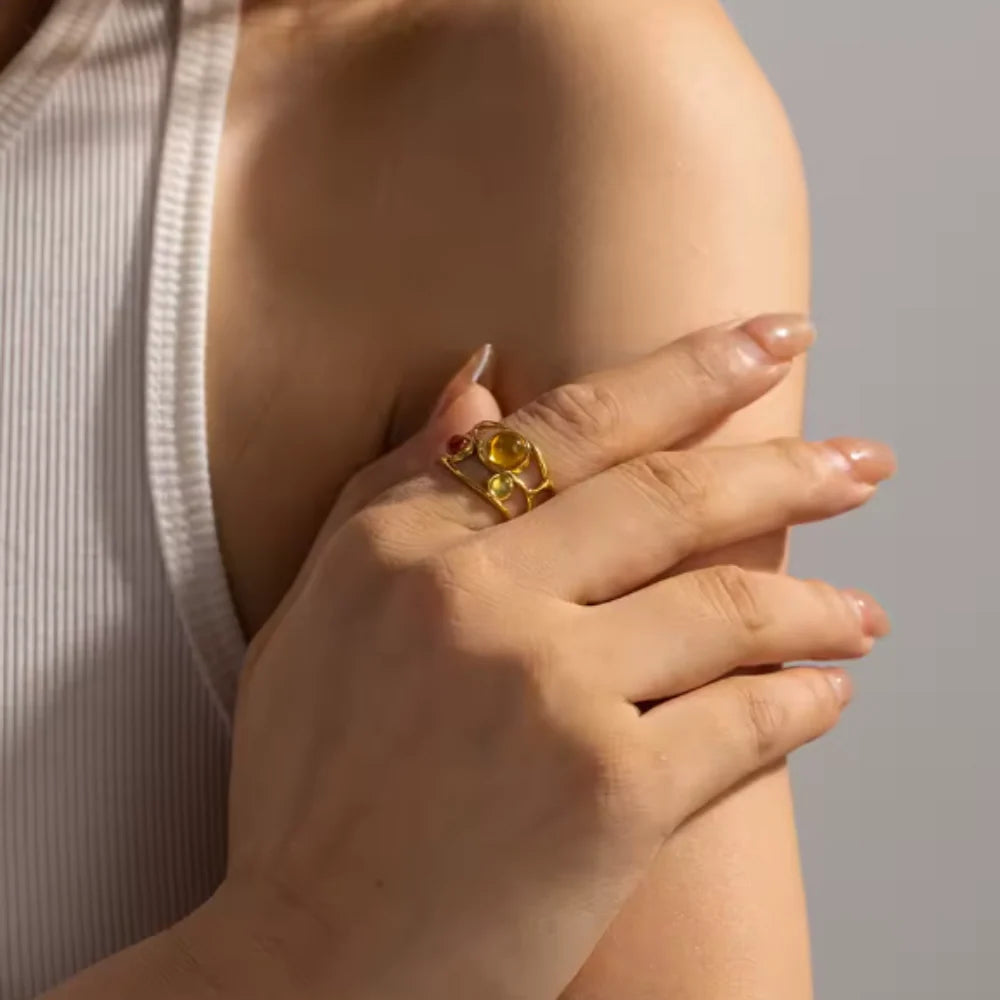 Lola gold cage ring with colourful beads, view 4