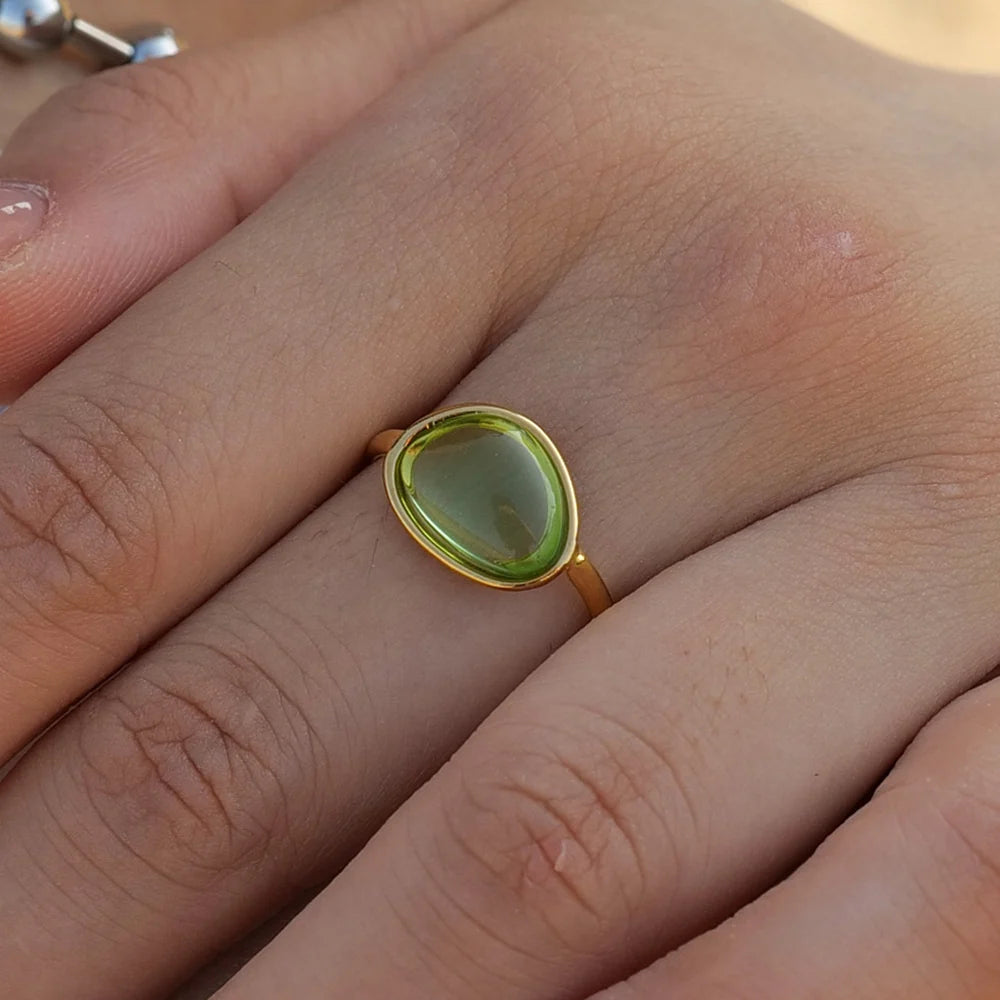 Hazel slim gold open ring with a green glass oval, view 4