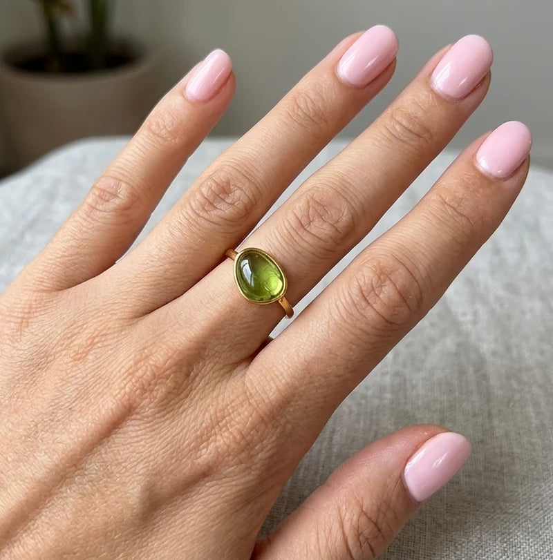 Hazel slim gold open ring with a green glass oval, view 3