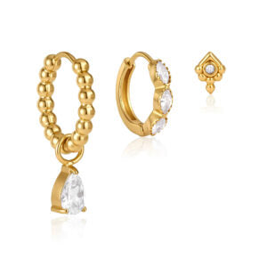 Maisie three piece gold earring set with beaded hoop and pear drop, marquise huggie and mini stud