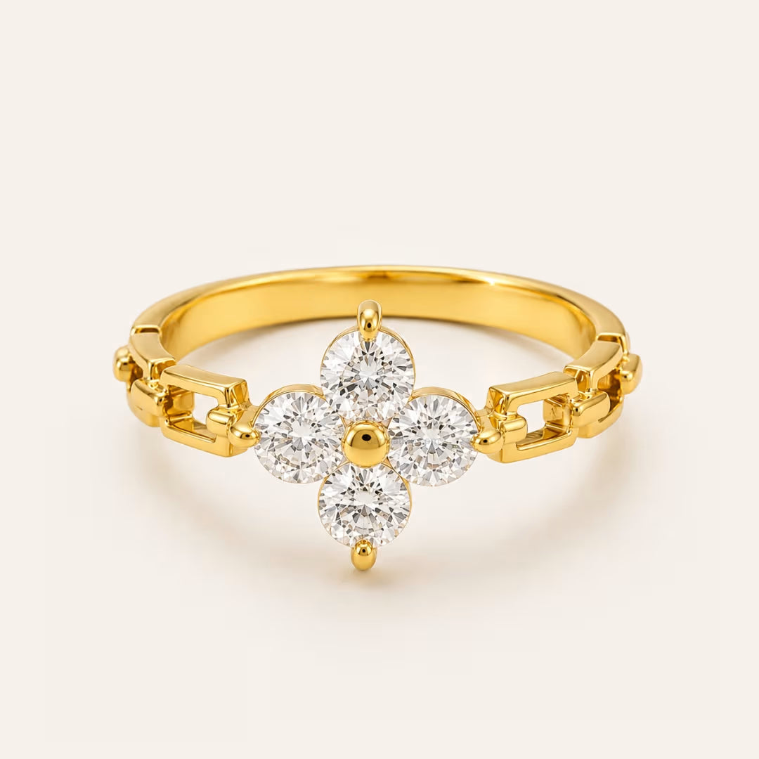 Lucie gold chain link band ring with a clover of clear stones, view 4