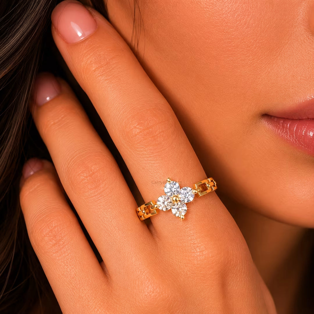 Lucie gold chain link band ring with a clover of clear stones, view 3