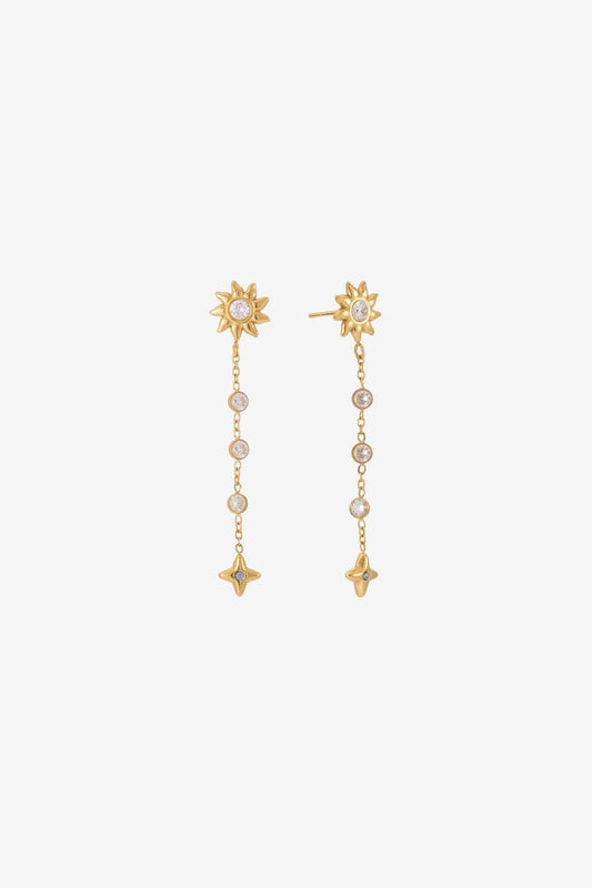 Aubrey gold sun stud earrings with long crystal chain and star drop