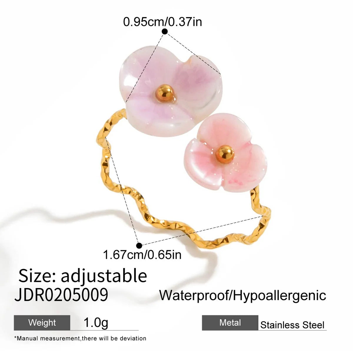 Lila wavy gold ring with pink enamel flowers